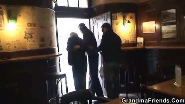 Boozed granny is picked up by two fellows